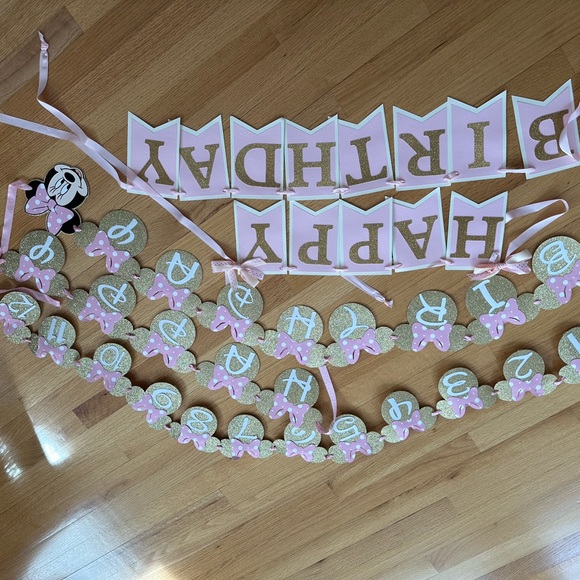 TWO Happy 1st Birthday Banners + month pic banner Minnie pink gold - Picture 4 of 7